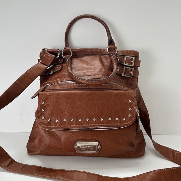 Nine West Brown Crossbody Bag Studs Zippers & Buckles Double Handle Purse - Picture 1 of 16